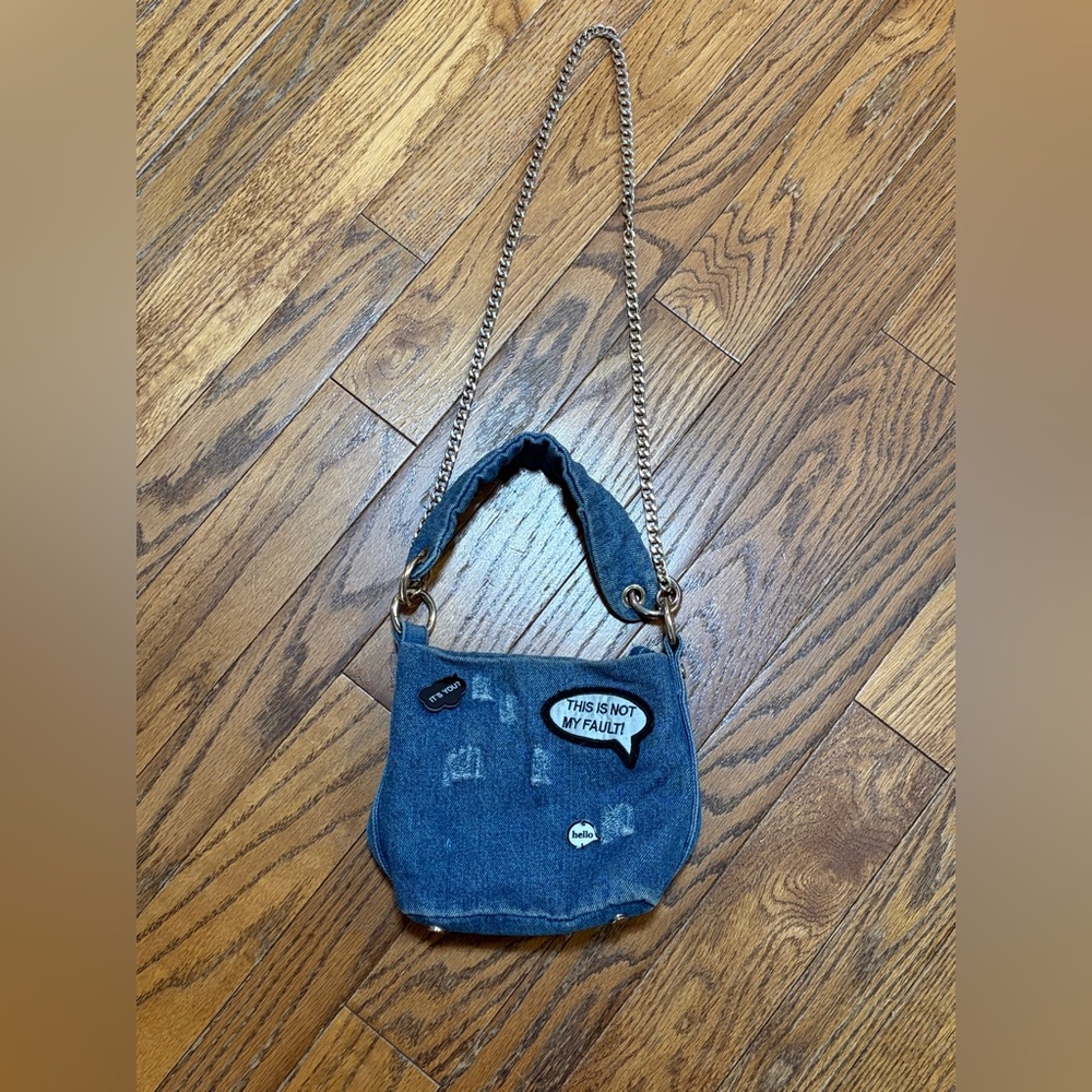 ZARA Mini Denim Crossbody Distressed Bag with Gold Chain